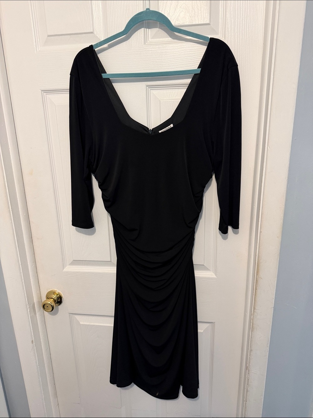 Kiyonna Black Ruched Midi Dress Long Sleeve V-Neck Stretch Size 1